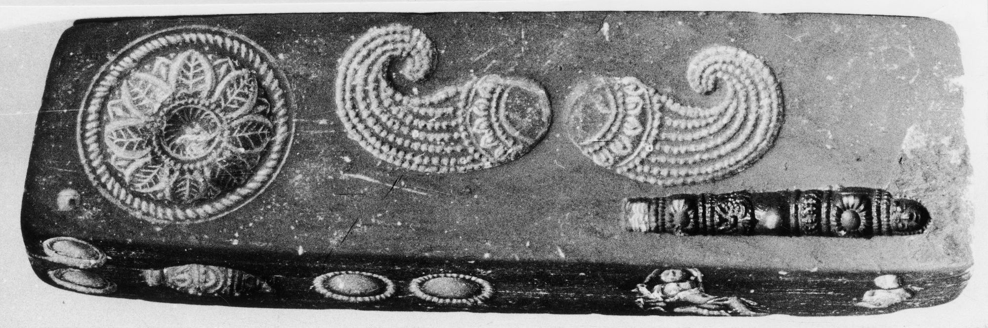 Carved rectangular mold, Paithan, Maharashtra, India, ca. 1st-3rd century, Haematite, H. 13.5 x L. 4.0 x B. 2.3 cm., #100018.