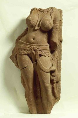 Female Figure, Mathura, Uttar Pradesh, India, ca. 200 CE, Mottled Red Sandstone, H. 72.39 x W. 36.83 x D. 15.24 cm., #07437.