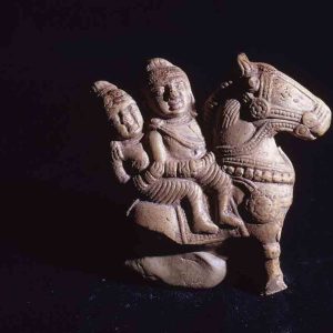 Front. Male and Female Riding a Horse, Ter, Osmanabad, Maharashtra, India, ca. 100-299 CE, Kaolin clay, double mold, Ht. 9.02 cm., #11238.