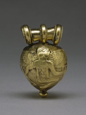 Side A. Bulla with Daedalus and Icarus, Etruscan, 5th century BCE, Gold, 4.1 x 2.6 x 2.6 cm., Walters Art Museum, #57.371.