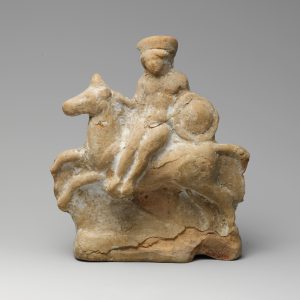 Terracotta Statuette of a man seated on a horse, Greek, ca. 350-200 BCE, Terracotta, H. 11.7 cm., Metropolitan Museum of Art, #10.210.159.