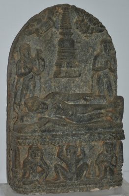 Stone sculpture depicting the MahaParinirvana of the Buddha's Great Demise, 9-10th Century. Nalanda Museum, Accession no: 12233