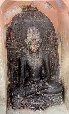 Stone image of a seated crowned Buddha, 10th Century CE, in the Surya temple, Bargaon.