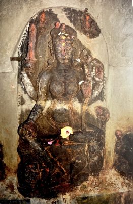 Stone sculpture of a female figure, likely a form of Durga, 10th Century CE, in the Surya temple, Bargaon.