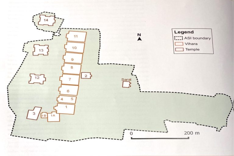 Map of the Nalanda excavation site showing the temples and monastic dwellings. Image source: Situating the Great Monastery (book)