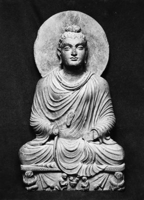 Greco-Buddhist Sculpture of Buddha, India, Present location: CSMVS, Mumbai, India   
200-299 CE, Grey Schist, 62 cm
AMERICAN INSTITUTE OF INDIAN STUDIES, Accession No.: 15413