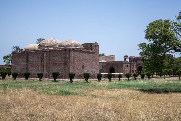 Back view of Mosque at Sarai Dakhani, Mahlian Kalan, Jalandhar, Punjab, India
1630-1658 CE, 
Tiles, Terracotta, Brick, Mortar, Center for Art and Archaeology, 0296