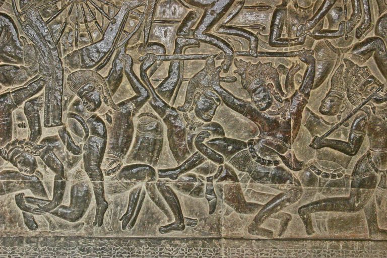 Detail of Kurukshetra War in Angkor Wat, Cambodia, 2024, Wikimedia Commons, https://commons.wikimedia.org/wiki/File:Angkor_Wat-West-Galerie-Kurukshetra-18-2007-gje.jpg