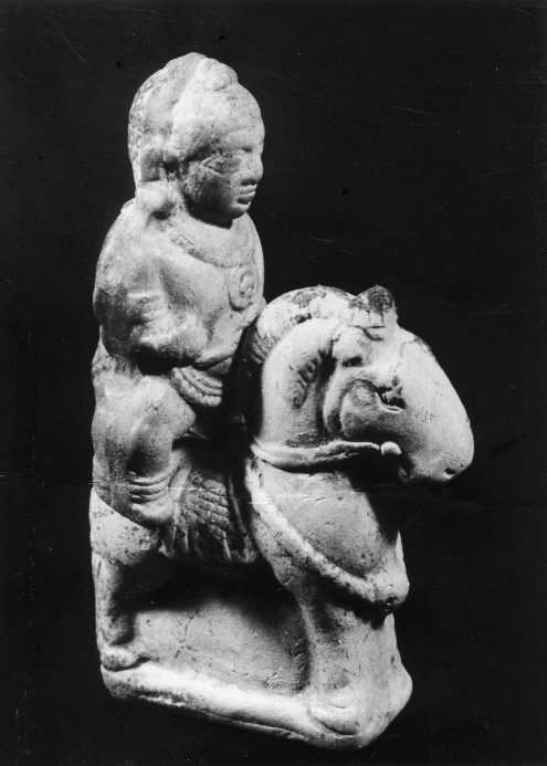 Male Figure with Halo behind mounted caparisoned horse on pedestal, Paithan, Maharashtra, India, ca. 1st-3rd century, Terracotta, #099938.