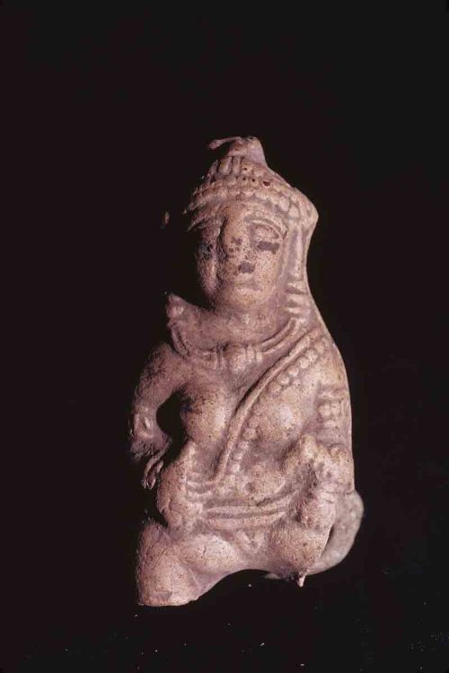 Female Figurine with Parrot on Wrist and Mango, Ter, Osmanabad, Maharashtra, India, ca. 100-299 CE, Kaolin Clay, H. 6.06 cm., #11225.
