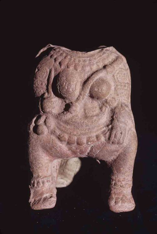 Female Figurine Wearing Heavy Ornaments with Parrot, Ter, Osmanabad, Maharashtra, India, ca. 100-299 CE, Kaolin Clay, H. 4.08 cm., #11232.