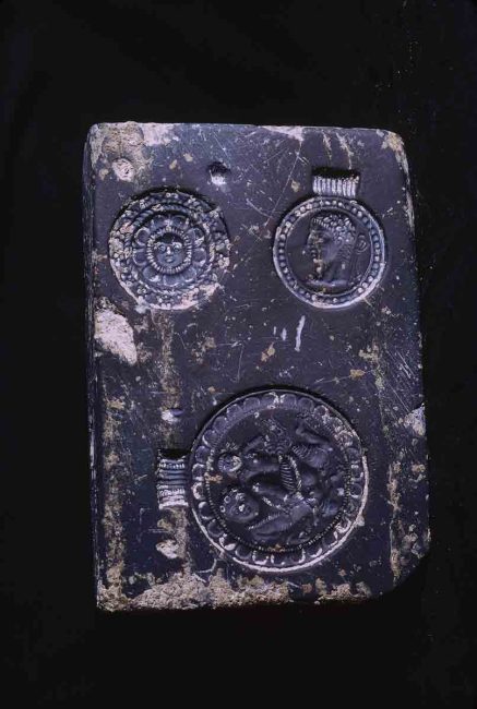 Three Molds (Rosette, Bullae, Couple), Ter, Osmanabad, Maharashtra, India, ca. 100-299 CE, Veined Gray Stone Mold, H. 9.06 x W. 6.07 x D. 2.03 cm., #11255.