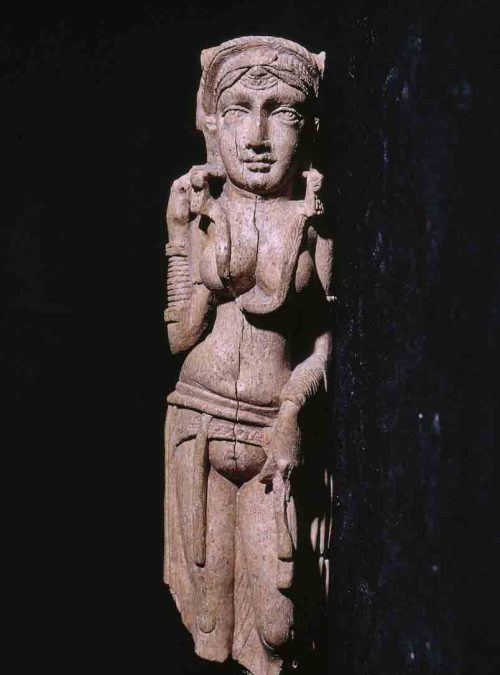 Front. Free-standing female figurine,
Ter, Osmanabad, Maharashtra, India, ca. 100-299 CE, Ivory, H. 10.07 cm., #11279.