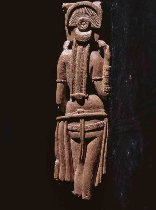 Back. Free-standing female figurine,
Ter, Osmanabad, Maharashtra, India, ca. 100-299 CE, Ivory, H. 10.07 cm., #11279.