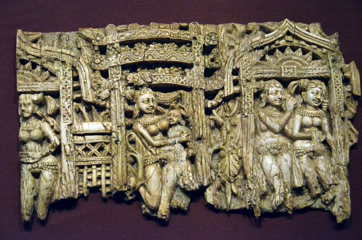 Decorative Plaque with women under gateways, Bagram, Afghanistan, 1st Century CE, Ivory, 13.8 x 24.7 cm., National Museum of Afghanistan.