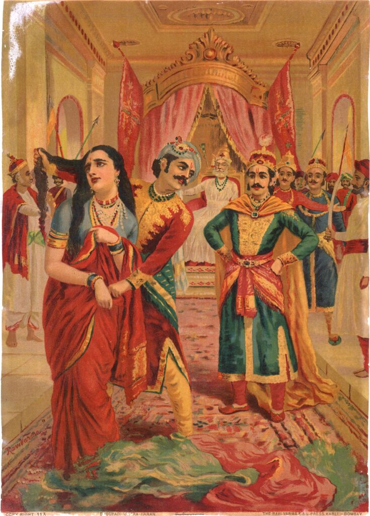 Dussasana holds up Draupadi’s hair inside a palace while the whole kingdom watches