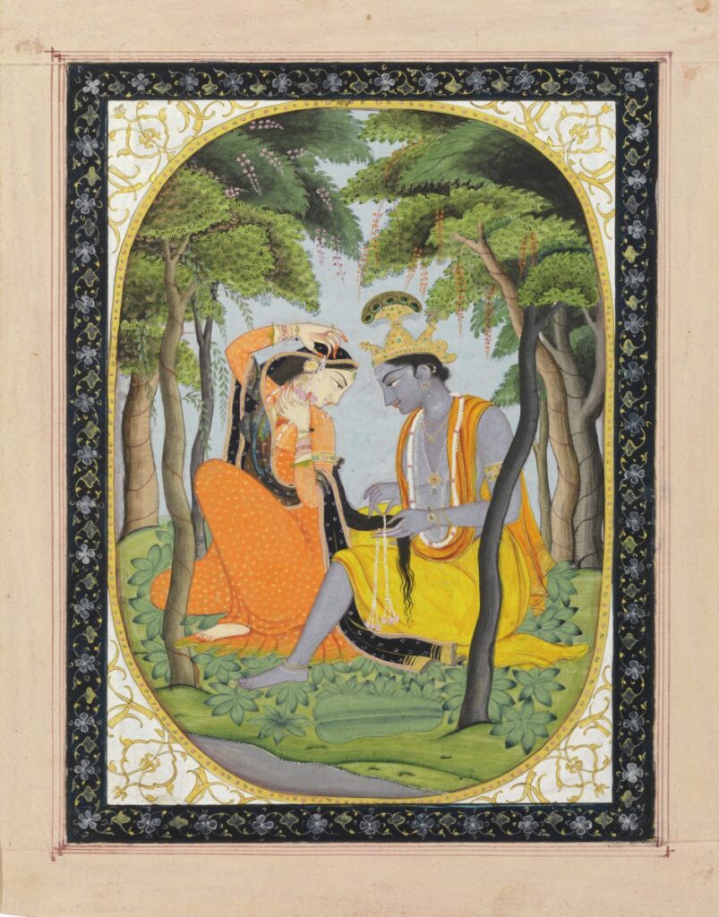 Krishna and Radha seated facing each other in a forest