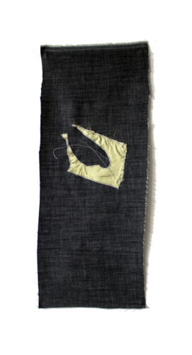 Nidhi Khurana, Residue: Appended, 2020, Naturally dyed silk stitched on denim, 39 x 22 in.